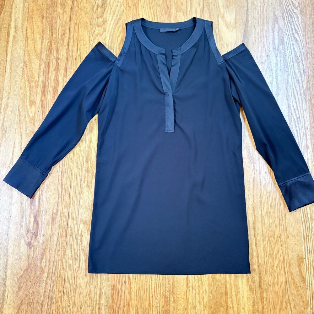 DONNA KARAN NEW YORK Black Formal L/S Cold Shoulder Tunic Top Womens Size 8